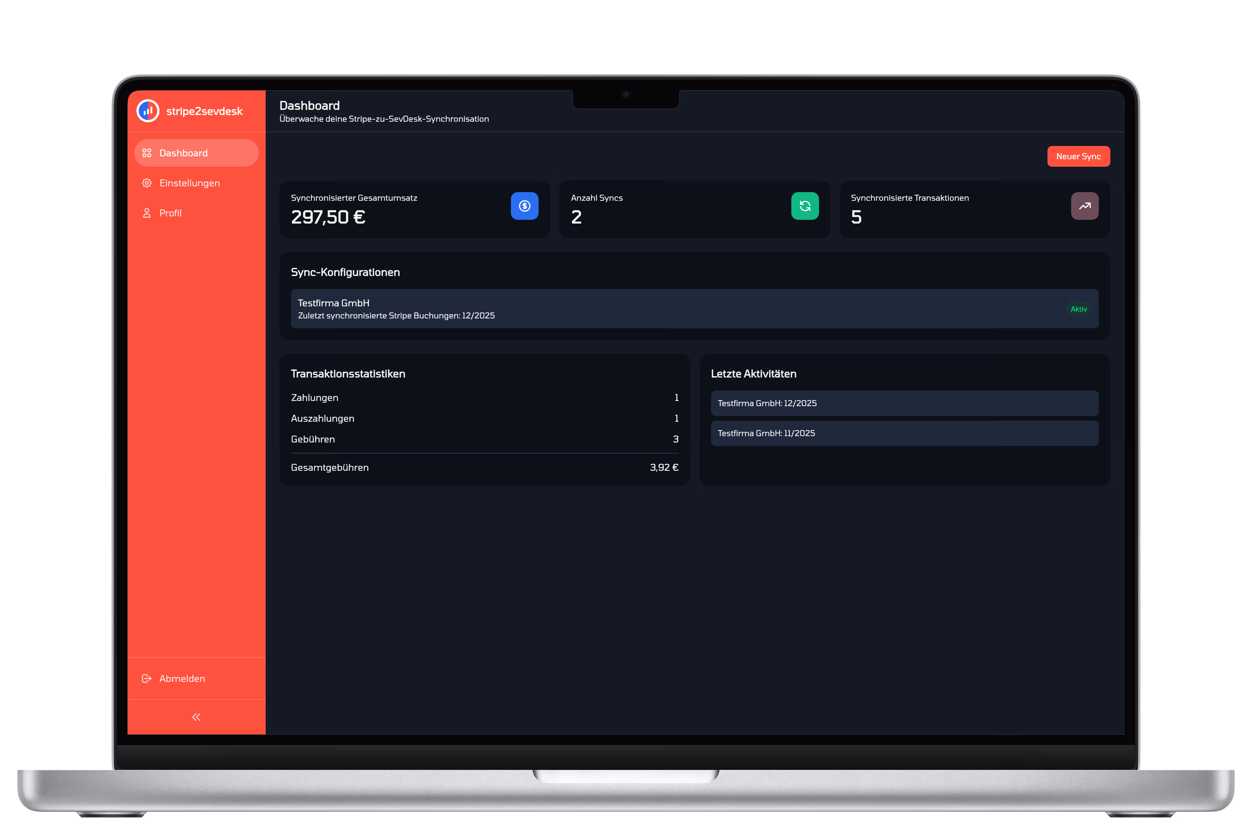 stripe2sevdesk Dashboard